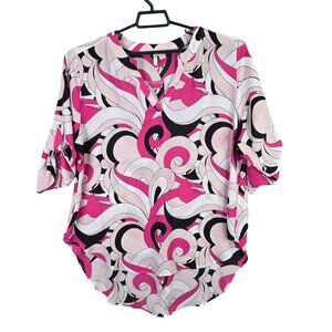 Womens Cato Abstract Pink & Black Blouse V Neck Roll Tab Sleeve Polyester 18/20W